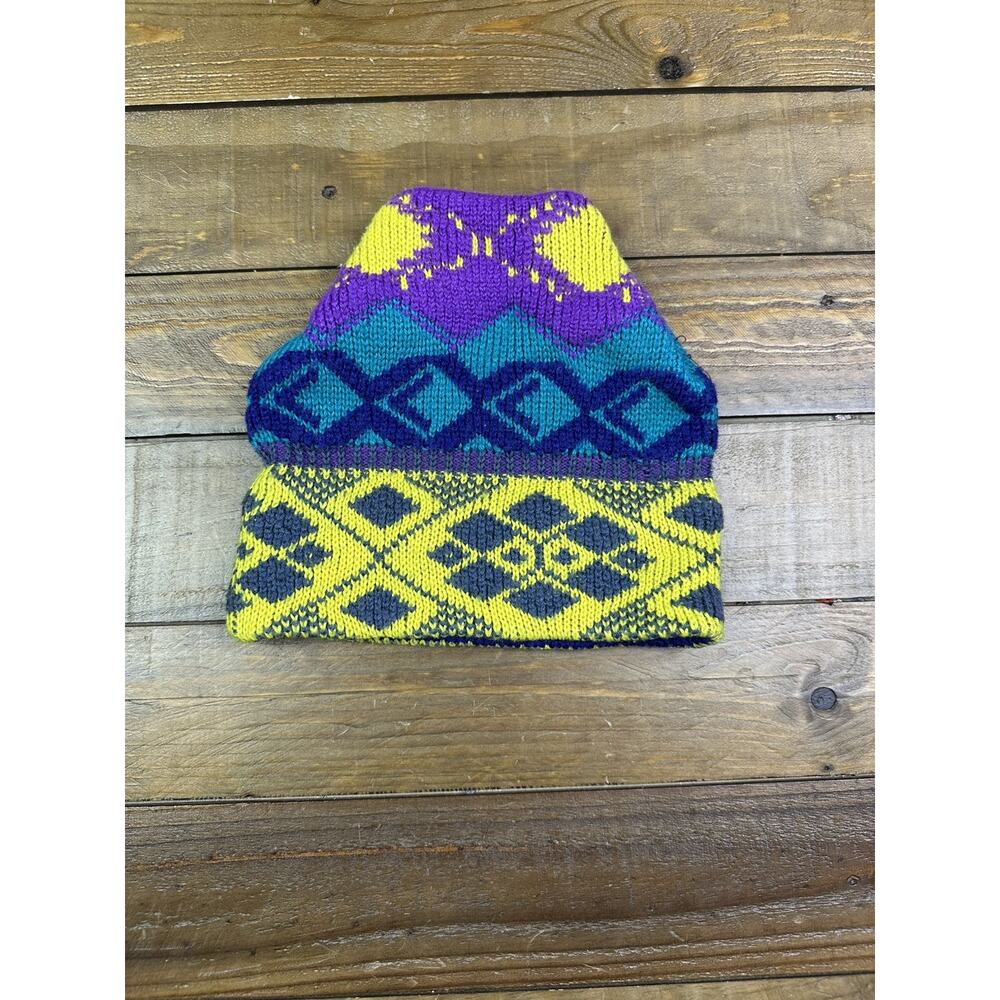 Vintage 90’s Nils Toboggan Beanie Hat Retro Purple Yellow Blue